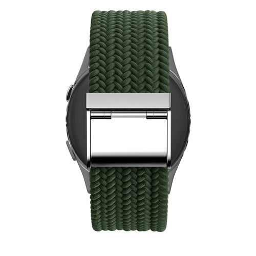 Woven Nylon Strap, olive green, on a watch, direct rear view