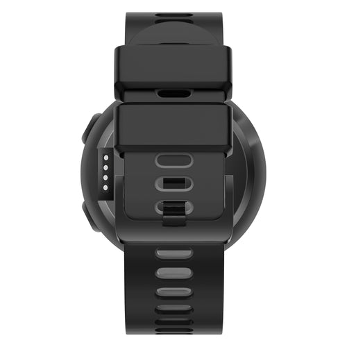Silicone Buckled Sport Strap, black/grey, on a watch, direct rear view