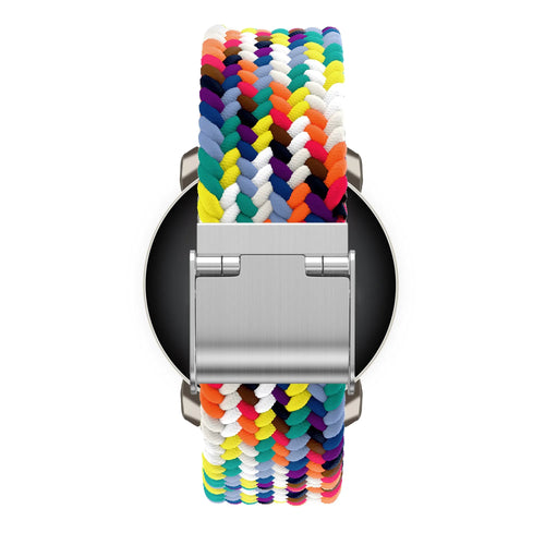 Woven Nylon Strap, rainbow, on a watch, direct rear view