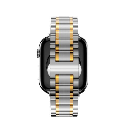Steel Link Strap 'Deluxe', silver/gold, on a watch, direct rear view