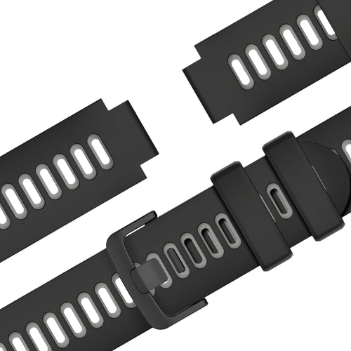 Silicone Buckled Sport Strap, black/grey, laid flat, separate parts, direct top view