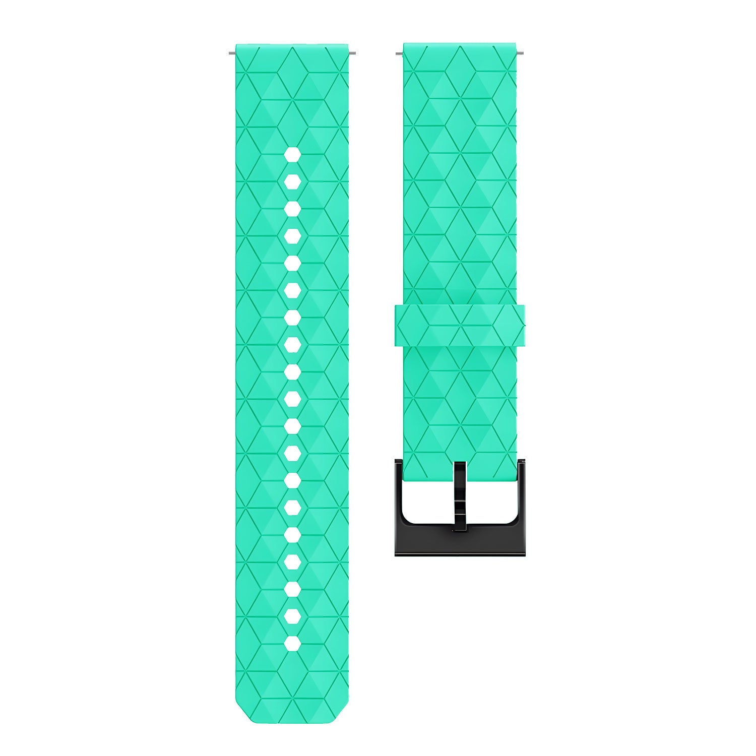 Silicone Strap Hexagons, aqua, laid flat, separate parts, direct top view