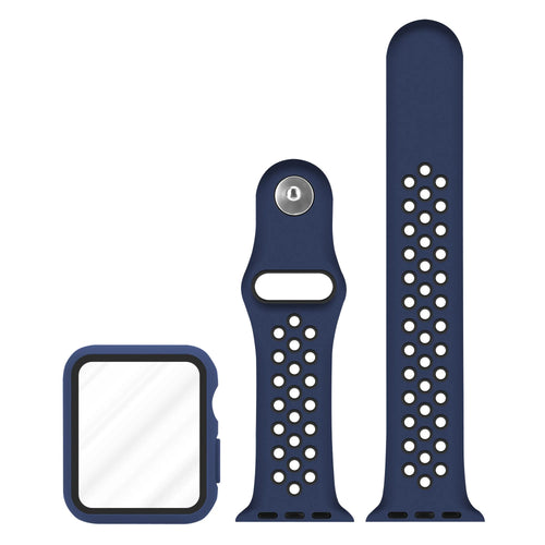 Silicone Sport Strap + TPU Case, blue/black, laid flat, separate parts, direct top view
