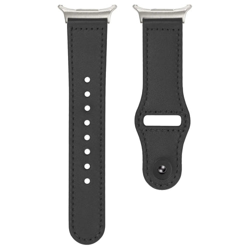 Leather Strap with Snap Closure, black, laid flat, separate parts, direct top view