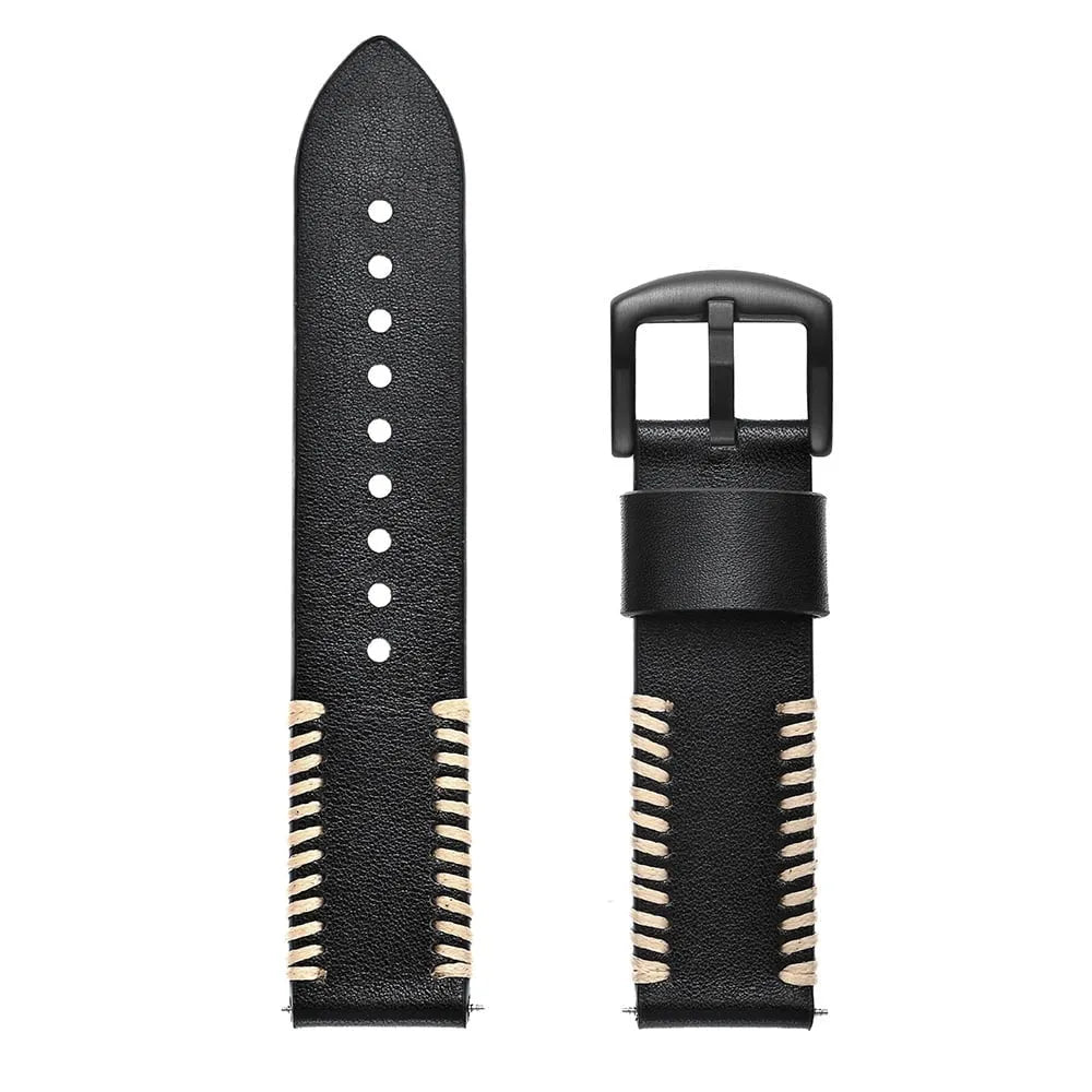 Stitched Leather Strap, black, laid flat, separate parts, direct top view