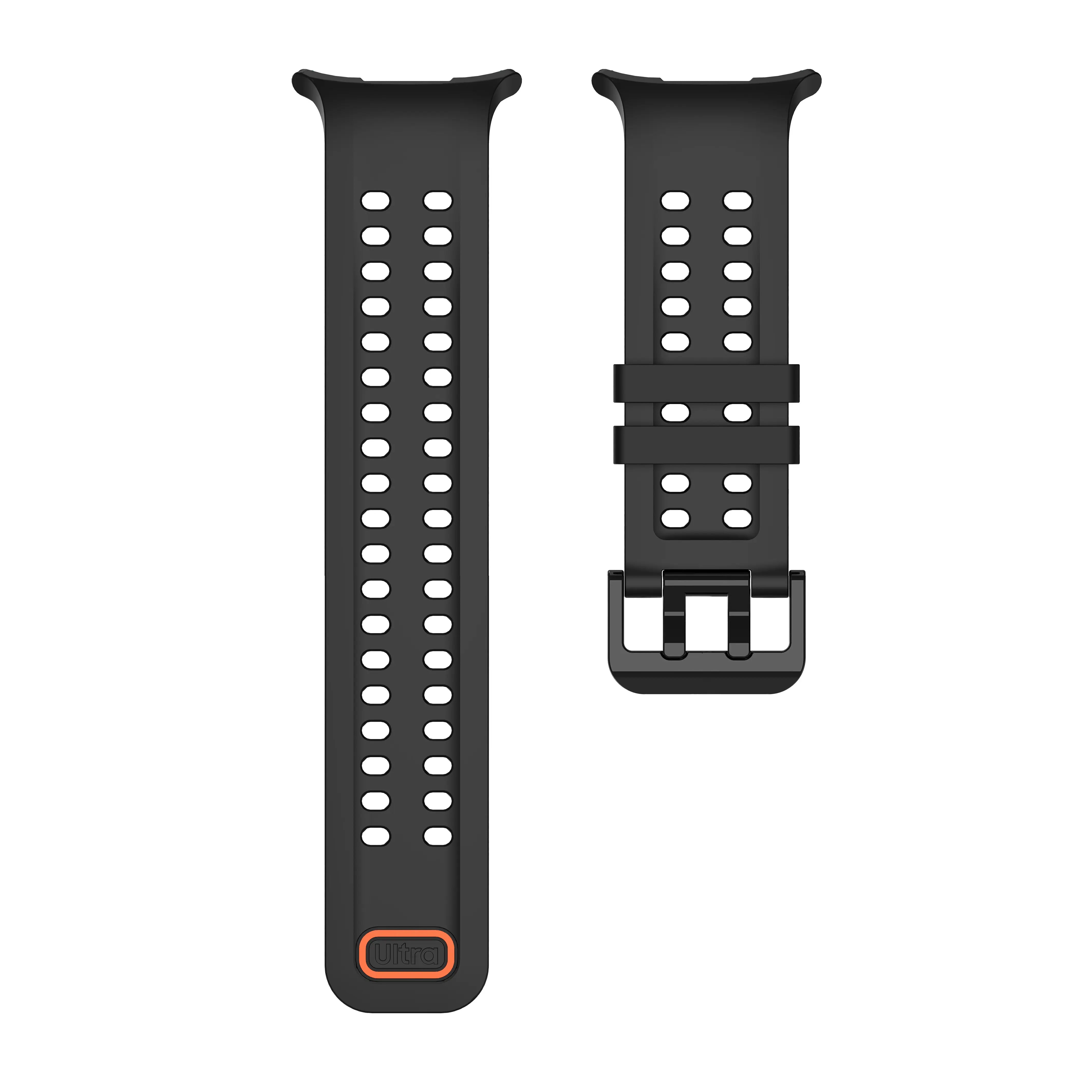 Silicone Strap, black, laid flat, separate parts, direct top view