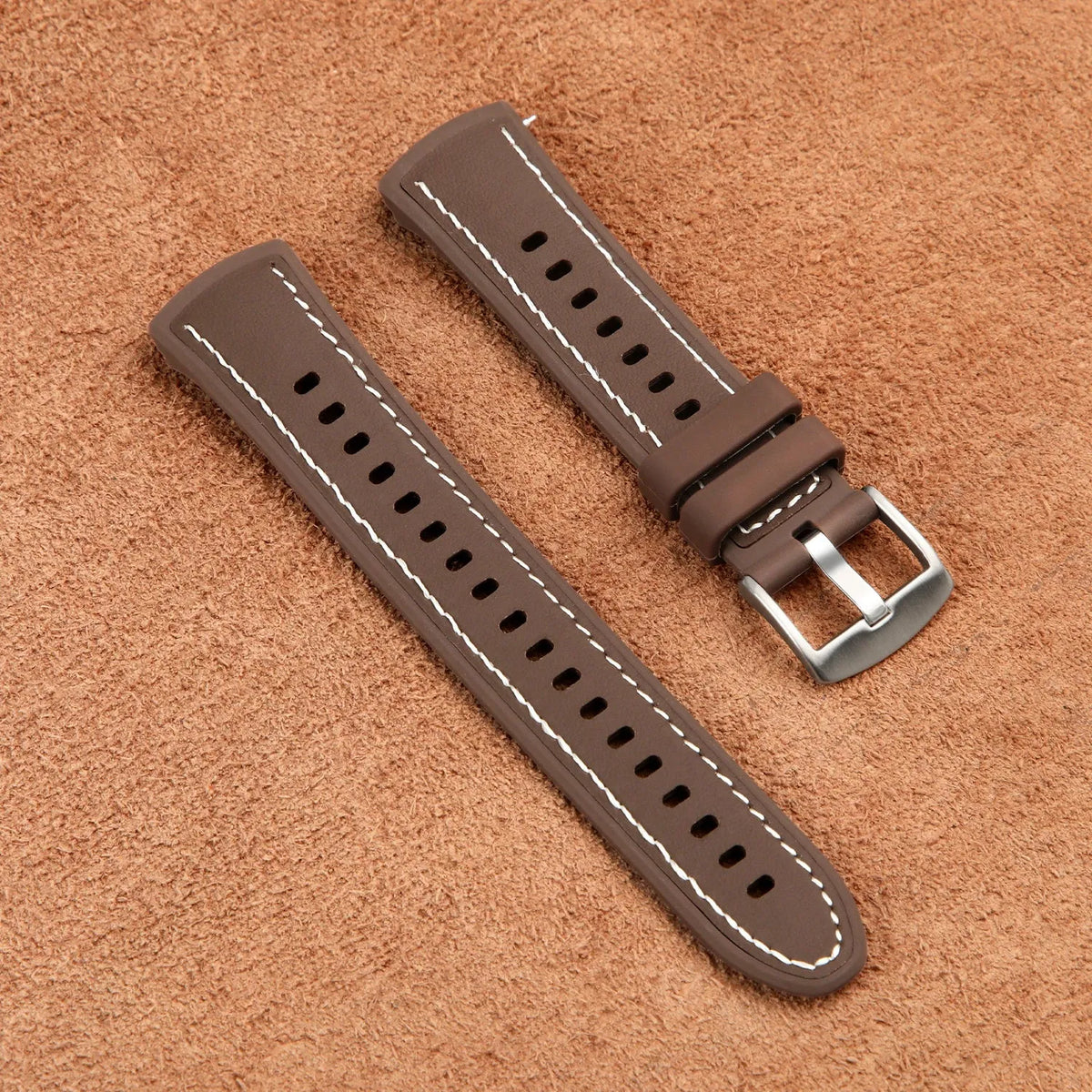 Silicone Leather Hybrid Strap 'Perfect Fit', brown, laid flat, separate parts, direct top view