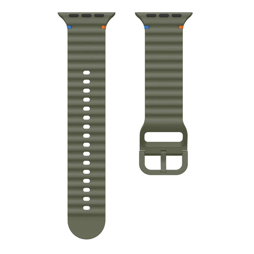 Wave Silicone Strap, dark green, laid flat, separate parts, direct top view