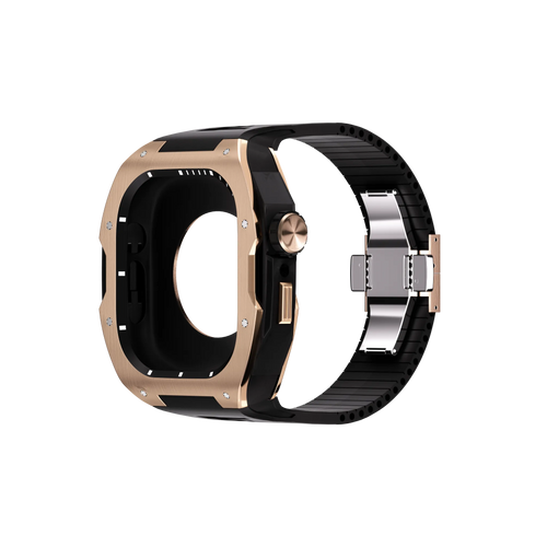 Silicone Case with Rubber Strap, rose gold/black, laid flat, separate parts, direct top view