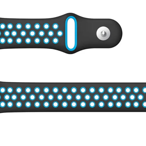 Silicone Sport Strap, black/blue, laid flat, separate parts, direct top view