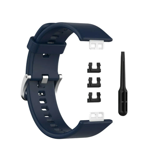Silicone Strap, dark blue, laid flat, separate parts, direct top view