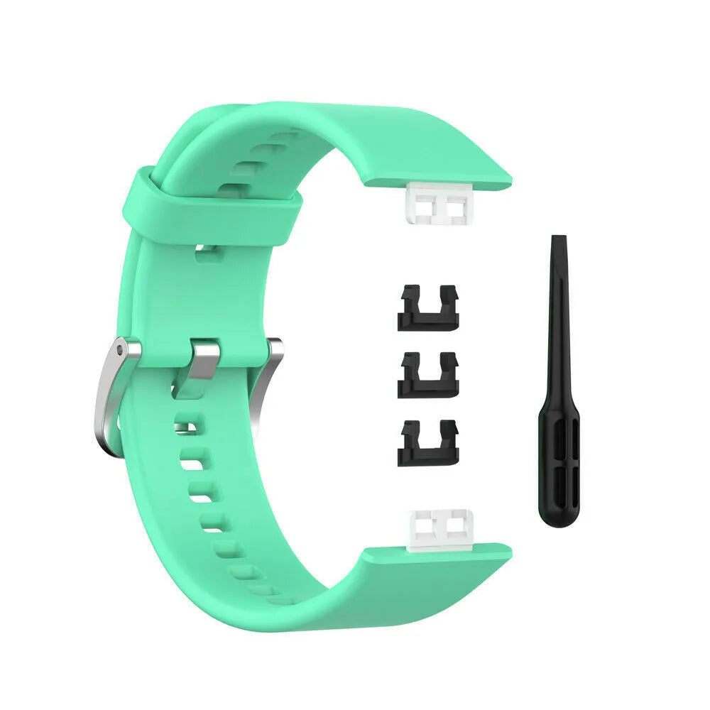 Silicone Strap, aqua, laid flat, separate parts, direct top view