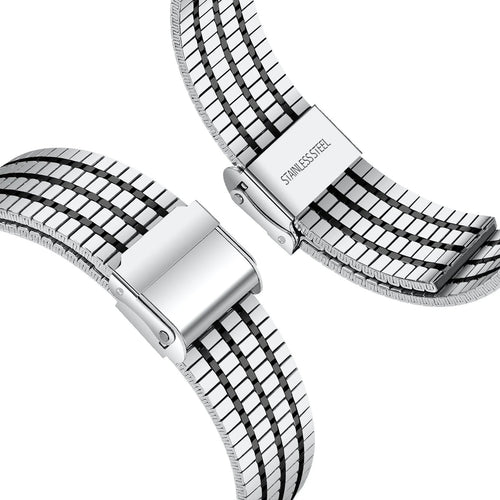 Fine Steel Strap, silver/black, laid flat, separate parts, direct top view