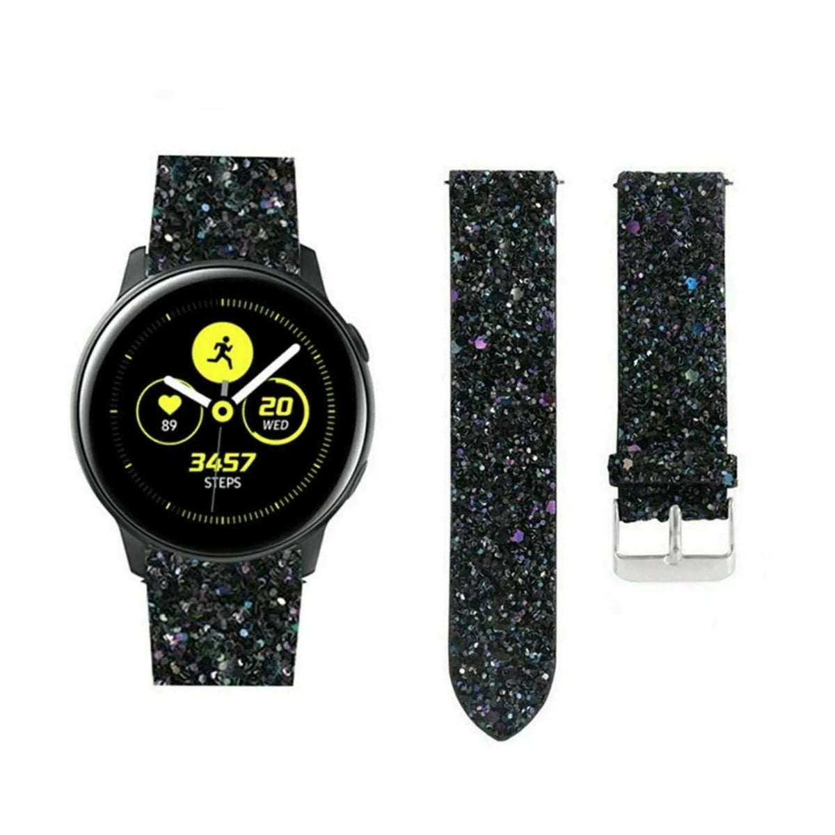 Leather Strap with Glitters, black, laid flat, separate parts, direct top view