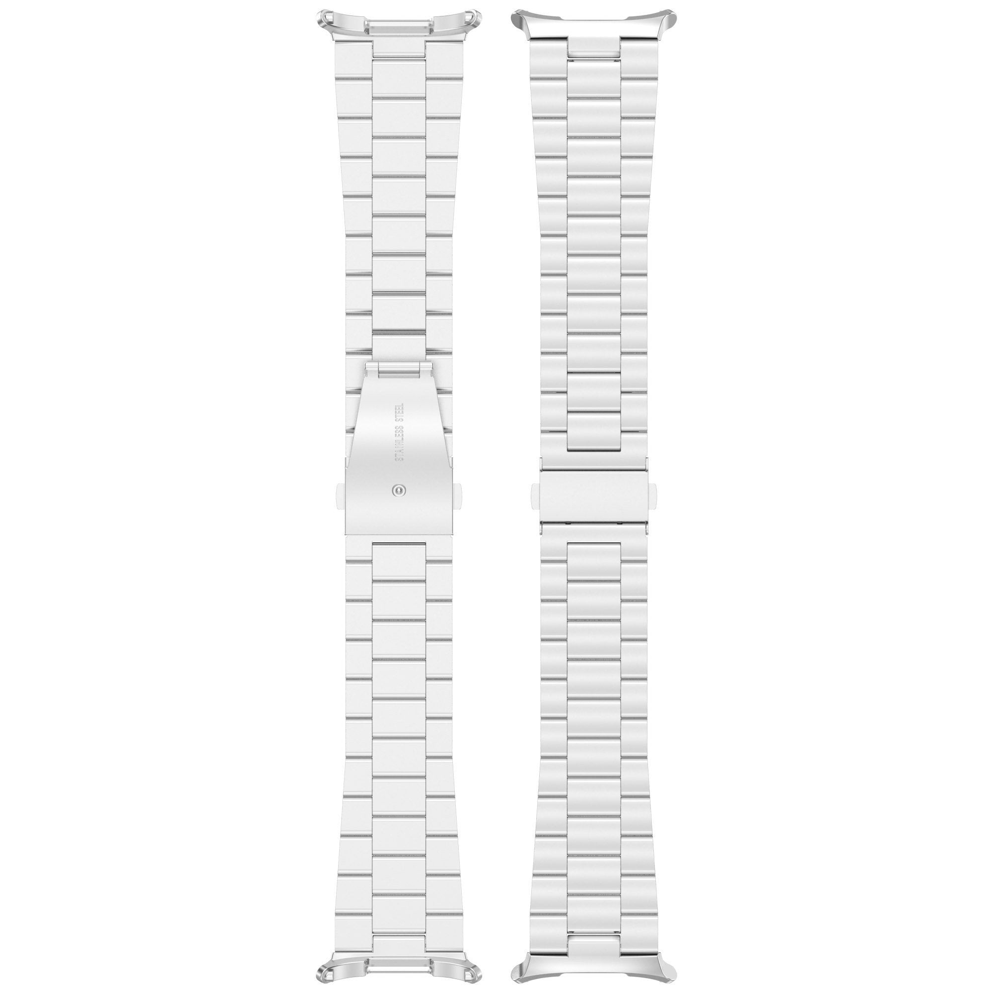 Steel Strap, silver, laid flat, separate parts, direct top view