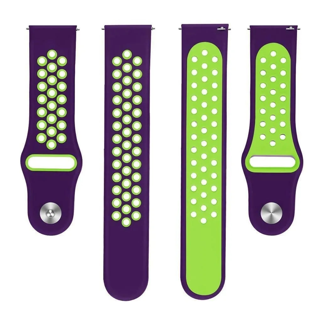 Silicone Sport Strap, purple/green, laid flat, separate parts, direct top view