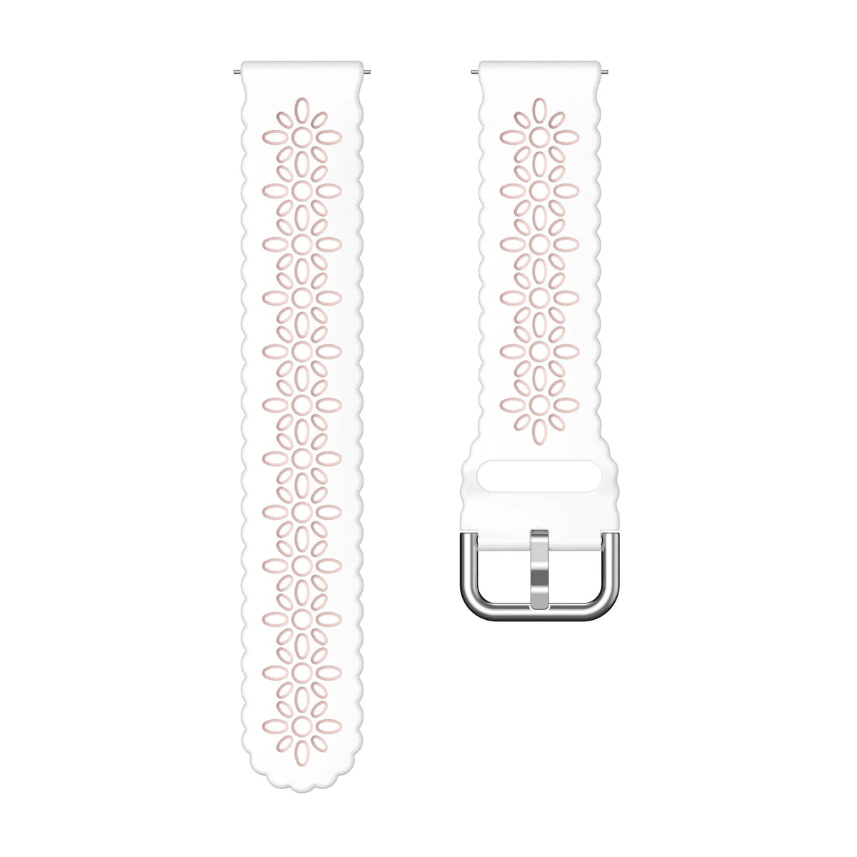 Patterned Silicone Strap, white/pink, laid flat, separate parts, direct top view
