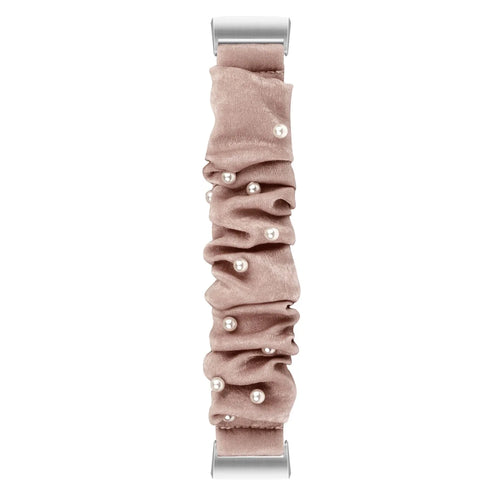 Nylon Scrunchie Strap, beige with pearls, laid flat, joined, direct top view