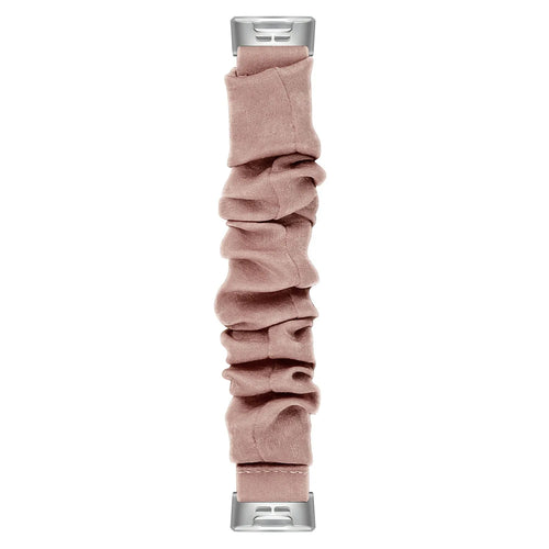 Nylon Scrunchie Strap, beige with pearls, laid flat, joined, direct top view