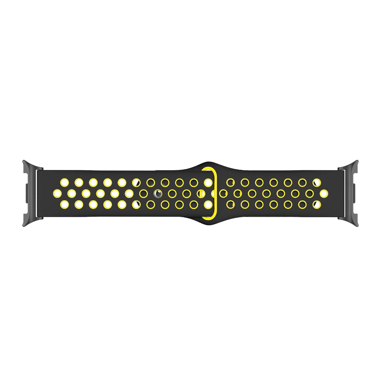Silicone Sport Strap, black/yellow, laid flat, joined, direct top view
