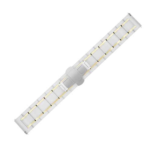 Metal Ceramic Link Strap, white/gold, laid flat, joined, direct top view