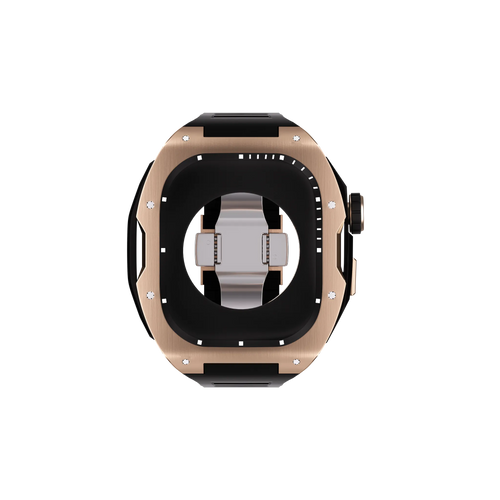 Silicone Case with Rubber Strap, rose gold/black, laid flat, joined, direct top view