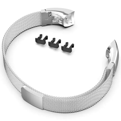 Milanese Strap, silver, laid flat, joined, direct top view