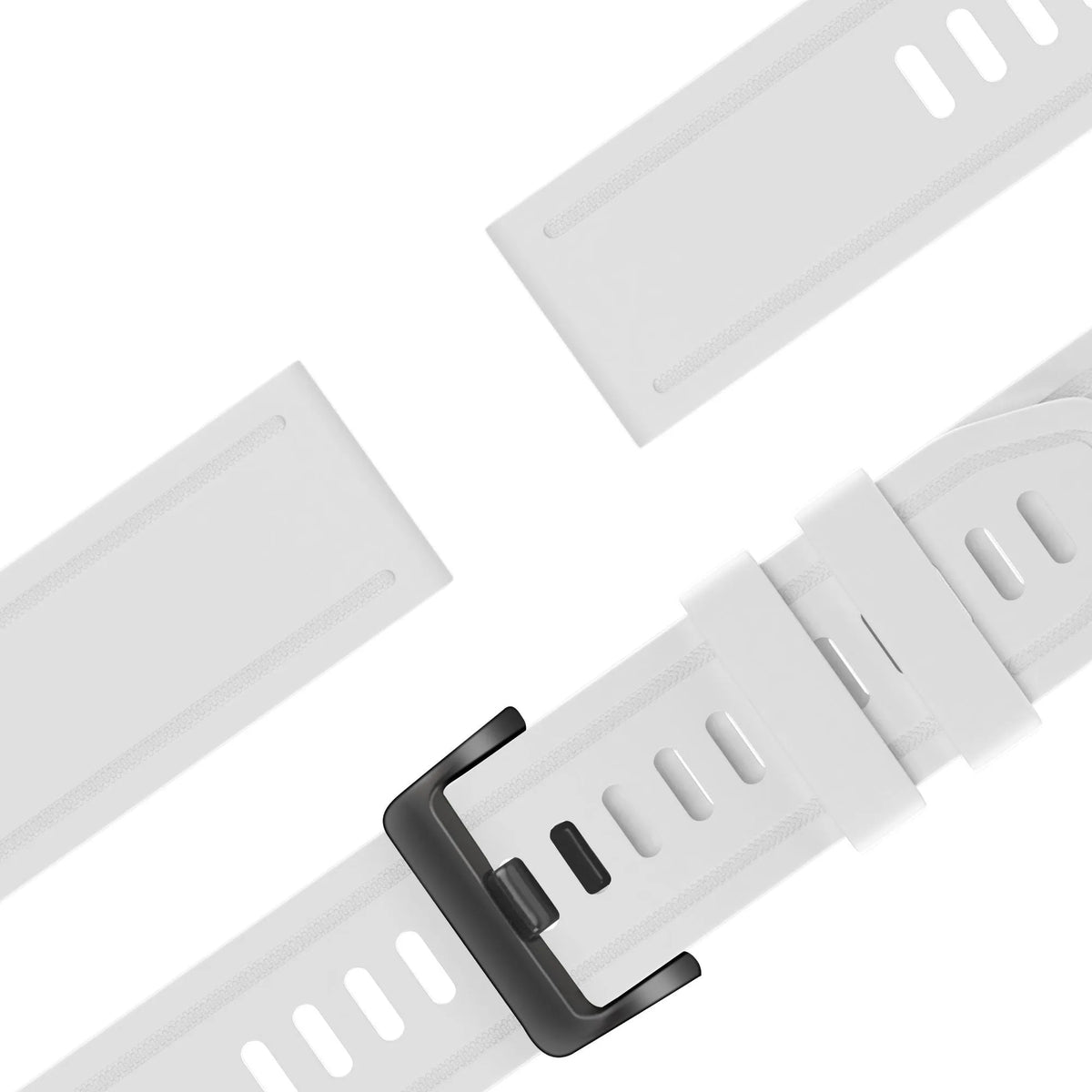 Buckled Silicone Strap, laid flat, separate parts, top and underside view