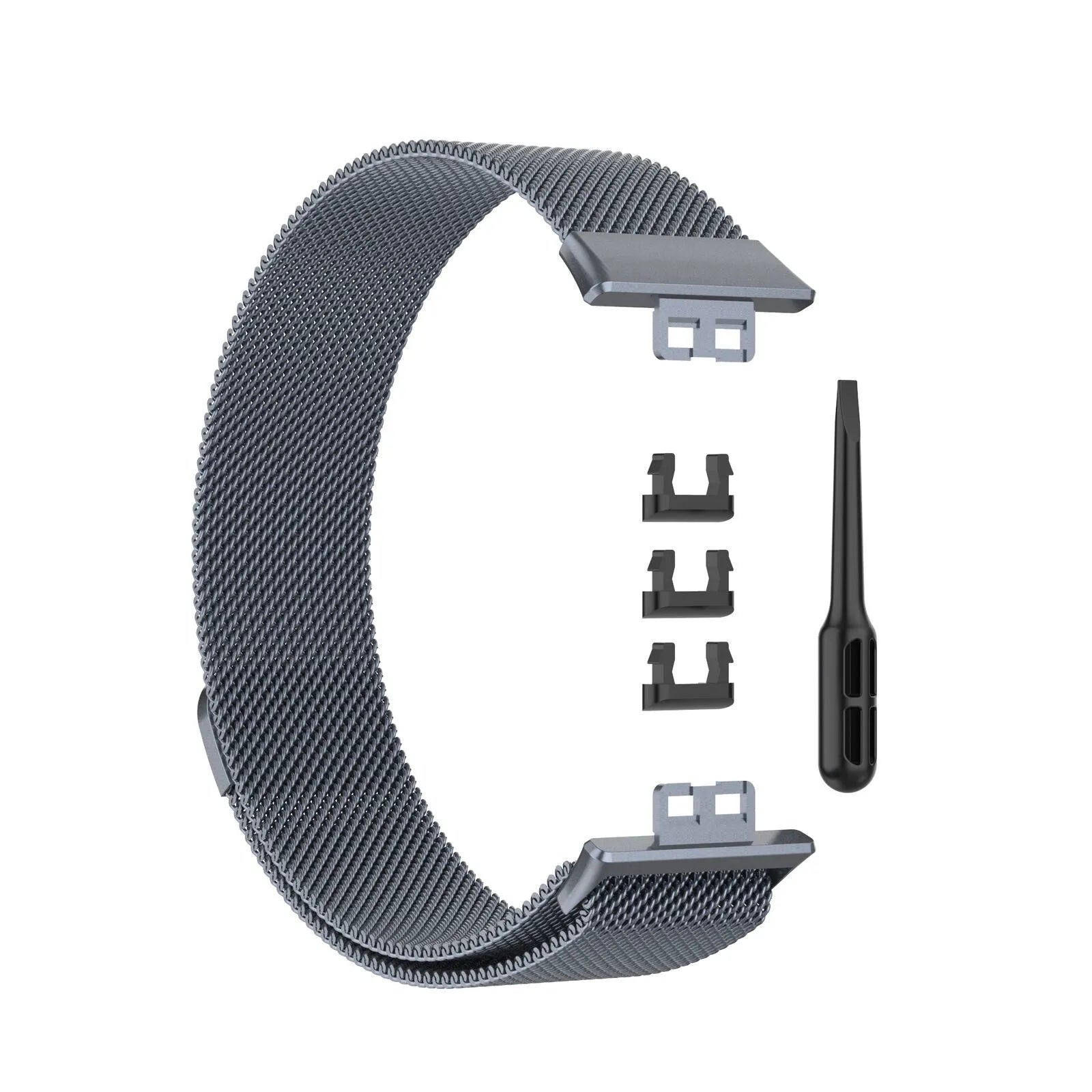 Milanese Strap, laid flat, separate parts, top and underside view