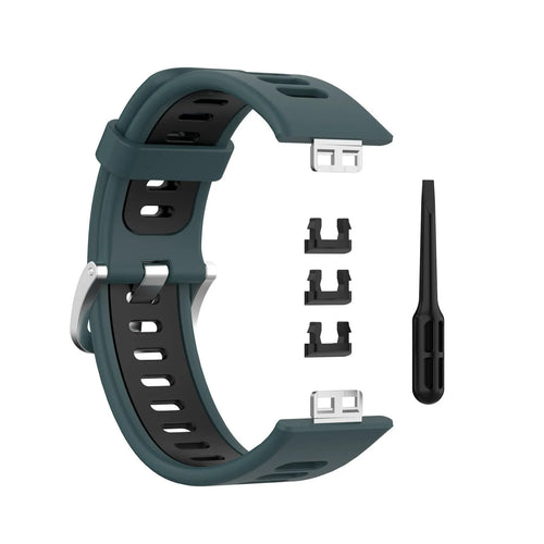 Silicone Sport Buckle Strap, laid flat, separate parts, top and underside view