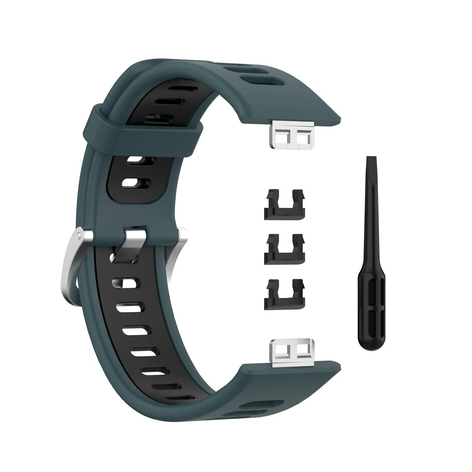 Silicone Sport Buckle Strap, laid flat, separate parts, top and underside view