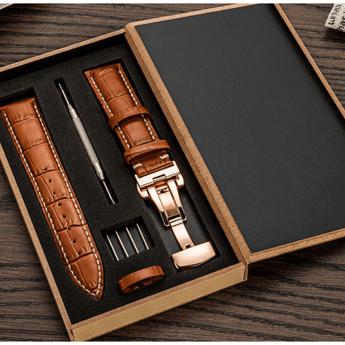 Premium Leather Strap, laid flat, separate parts, top and underside view