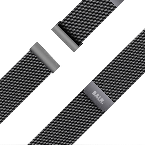 Milanese Strap, black, laid flat, joined, 45° top view