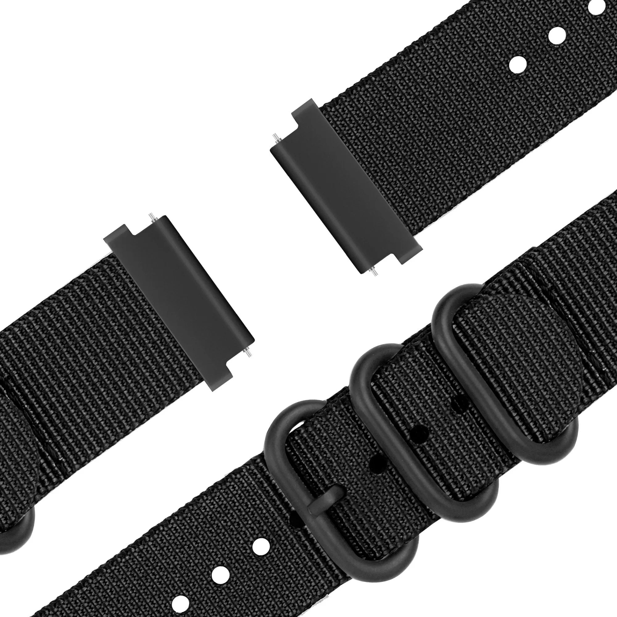Buckled Nylon Strap, black, laid flat, joined, 45° top view