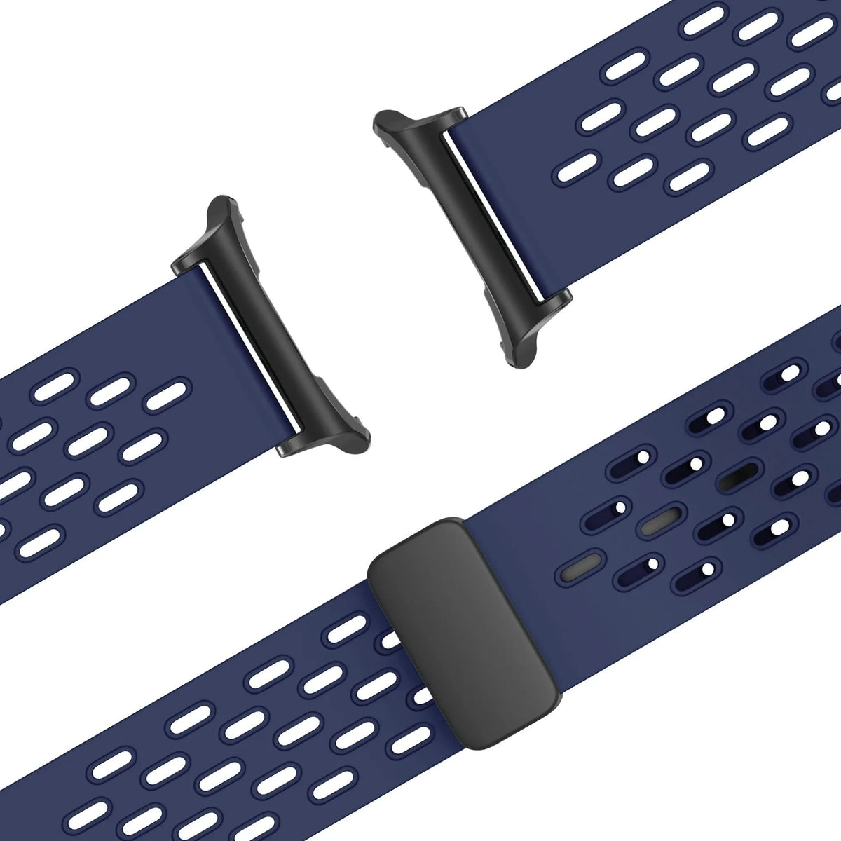 Silicone D-Buckle Sport Strap 'Air', dark blue, laid flat, joined, 45° top view
