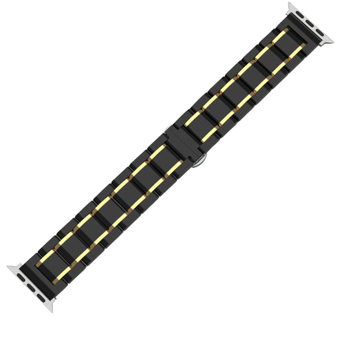 Metal Ceramic Link Strap, black/gold, laid flat, joined, 45° top view