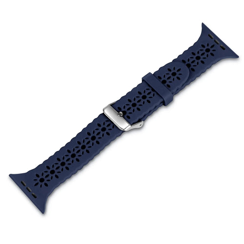 Patterned Silicone Strap, dark blue, laid flat, joined, 45° top view