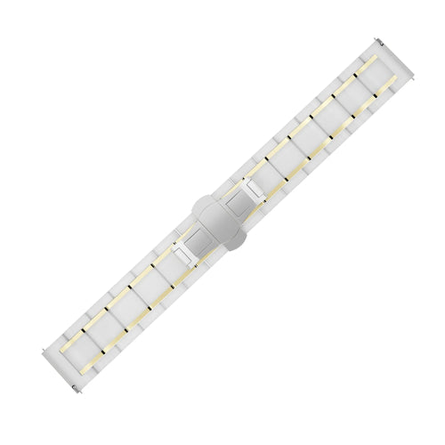 Metal Ceramic Link Strap, white/gold, laid flat, joined, 45° top view