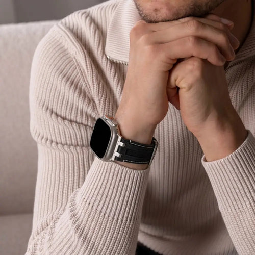 Apple Watch denim leren band (zwart met zilver)