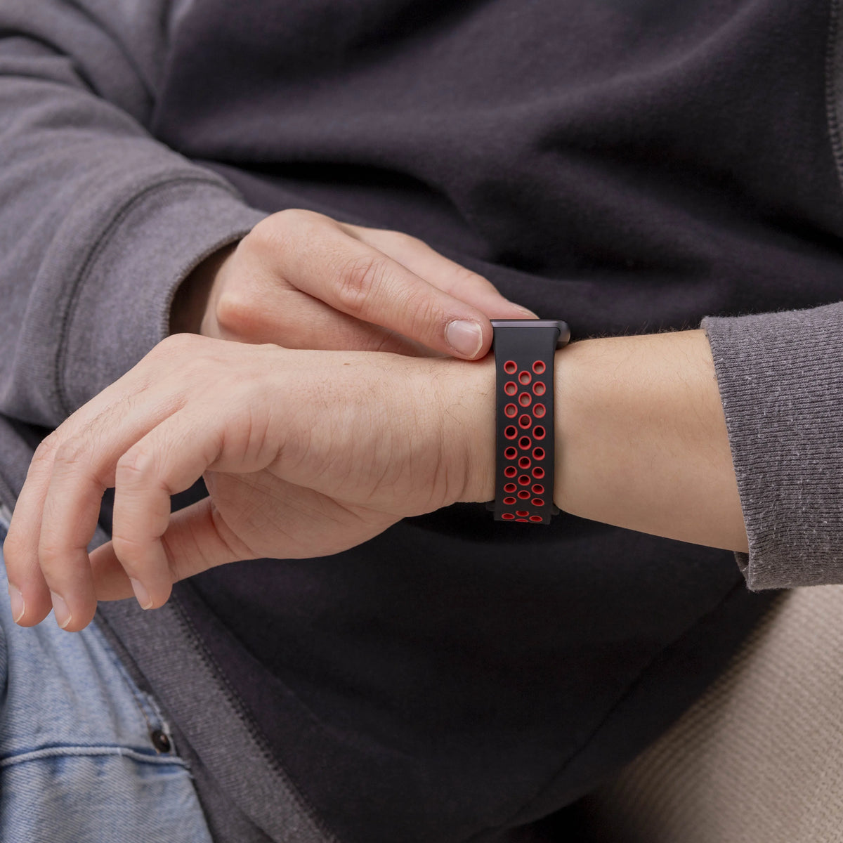 Silicone Sport Strap, black/red, lifestyle photo