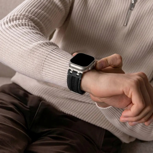 Apple Watch denim leren band (zwart met zilver)