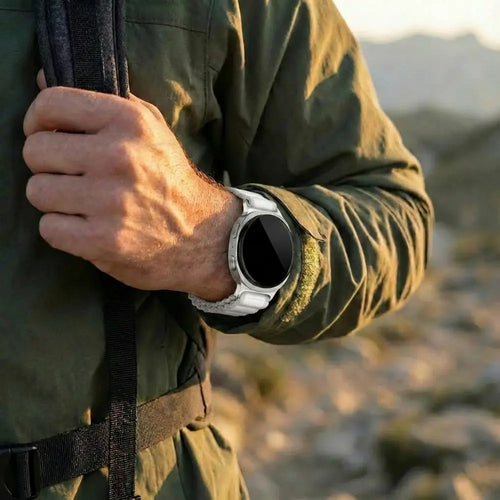 Outdoor Nylon Strap with P-Buckle, white with silver, lifestyle photo