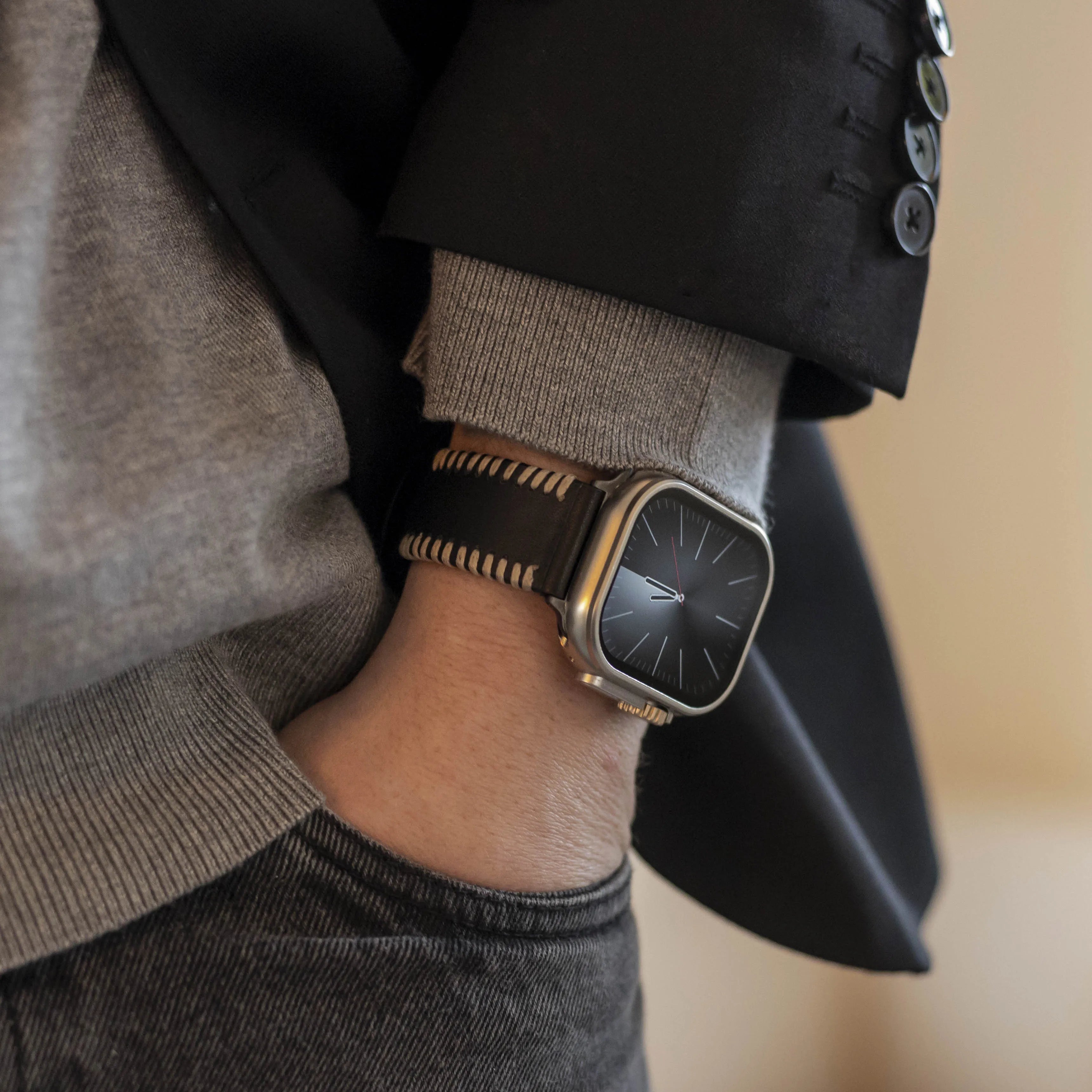 Apple Watch Stitched Lederarmband (Schwarz)