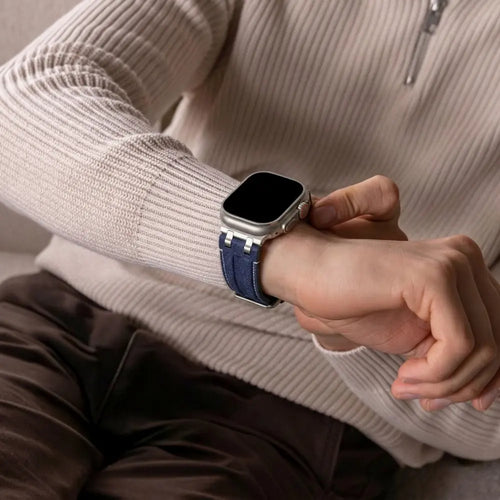 Apple Watch denim leren band (blauw met zilver)