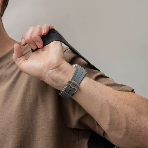 Luxury Liquid Silicone Strap, dark grey with titanium, lifestyle photo