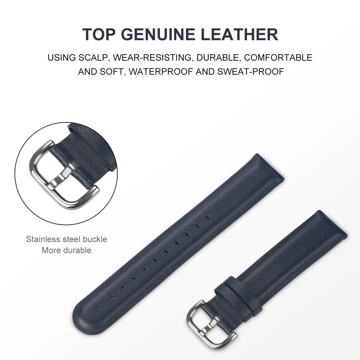 Leather Strap, dark blue, infographic (USP banner)