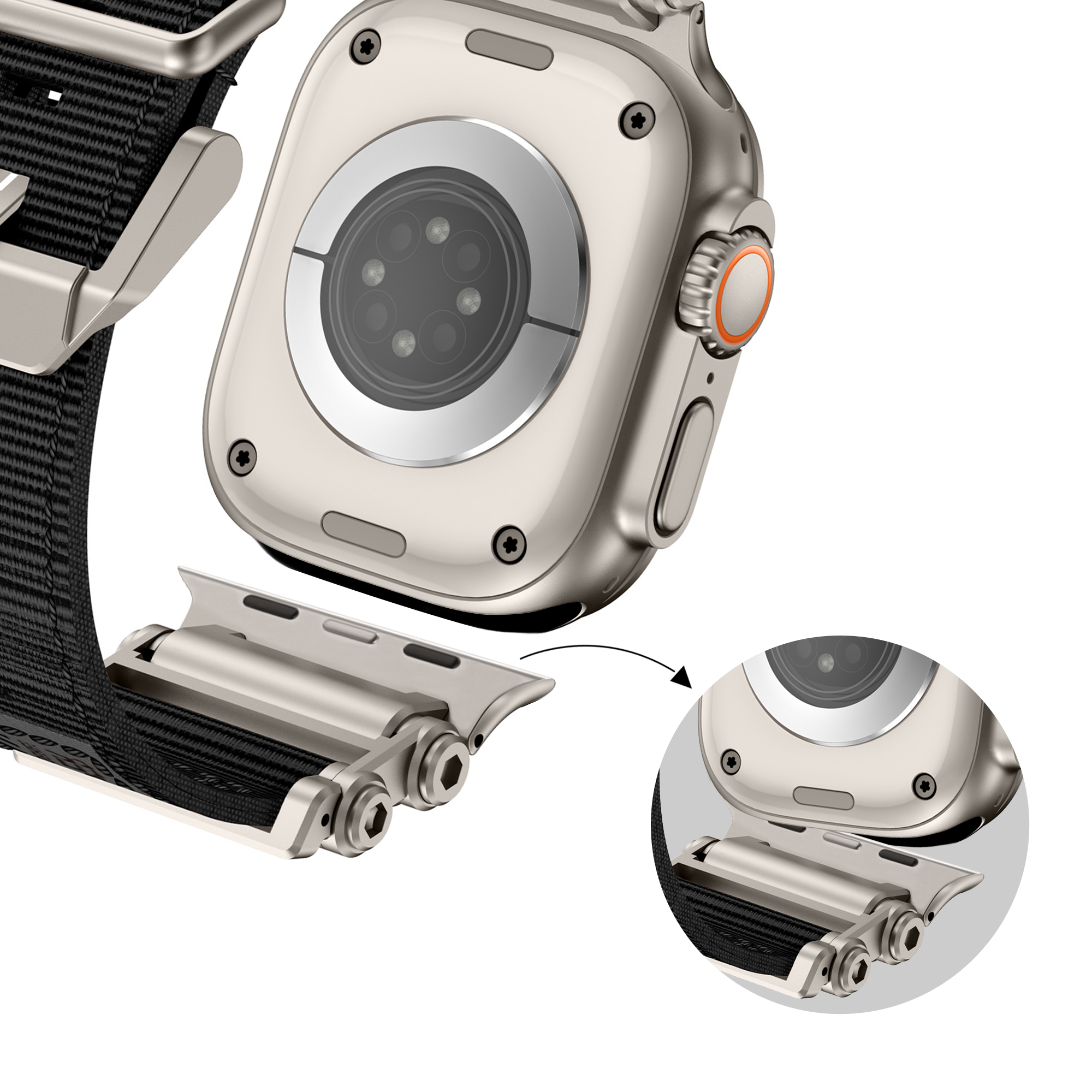 Bandz Apple Watch Ultra Nylon Armband 'Explorer' (Schwarz mit Titan)