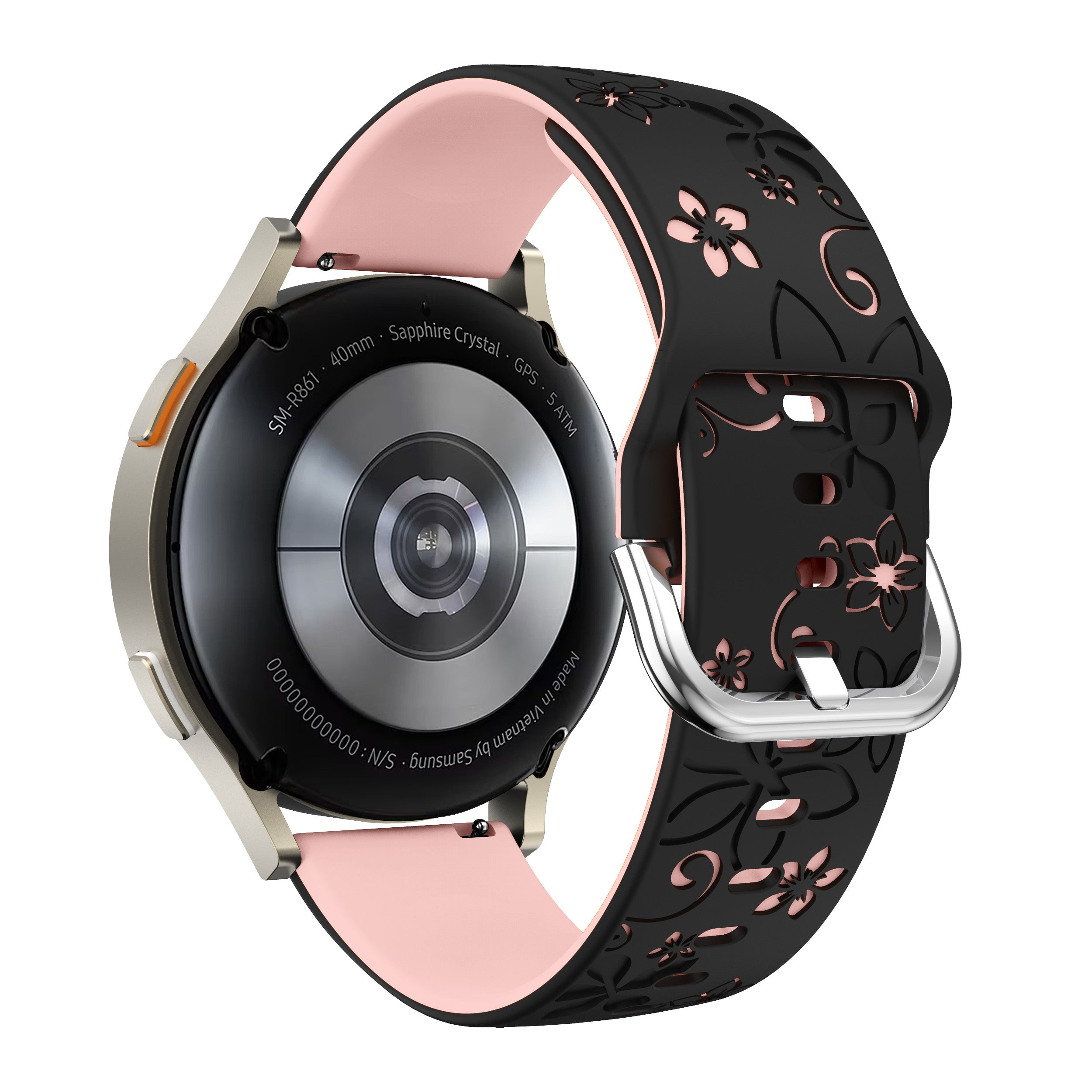 Samsung Galaxy Watch 4 Classic 46mm Flower Silikonarmband (Schwarz/Helles Rosa)