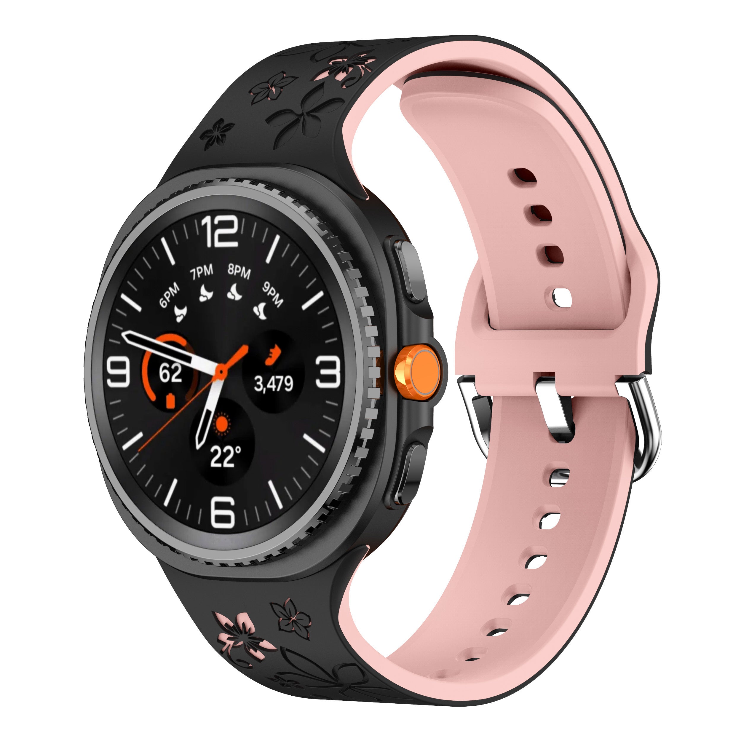 Samsung Galaxy Watch 8 - 40mm Silikonarmband mit Blumenmuster (Schwarz/Rosa)