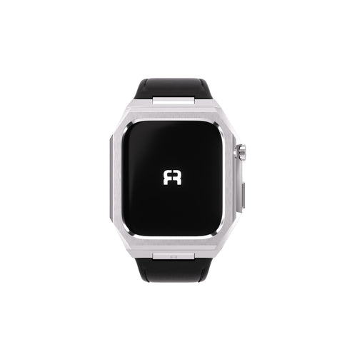 Reqior Apple Watch 45mm Metal Hülle mit integriertem Lederarmband (Silber/Schwarz)
